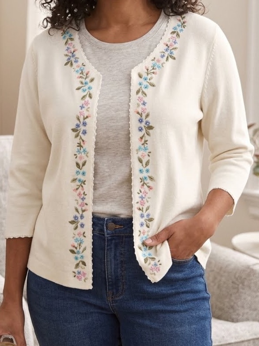 Carolyn Taylor Cardigan Vintage 3/4 sleeve Floral embroidered large cottagewear